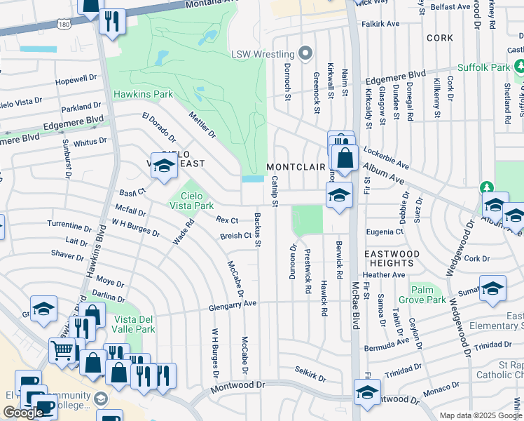 map of restaurants, bars, coffee shops, grocery stores, and more near 9313 Cosmos Avenue in El Paso