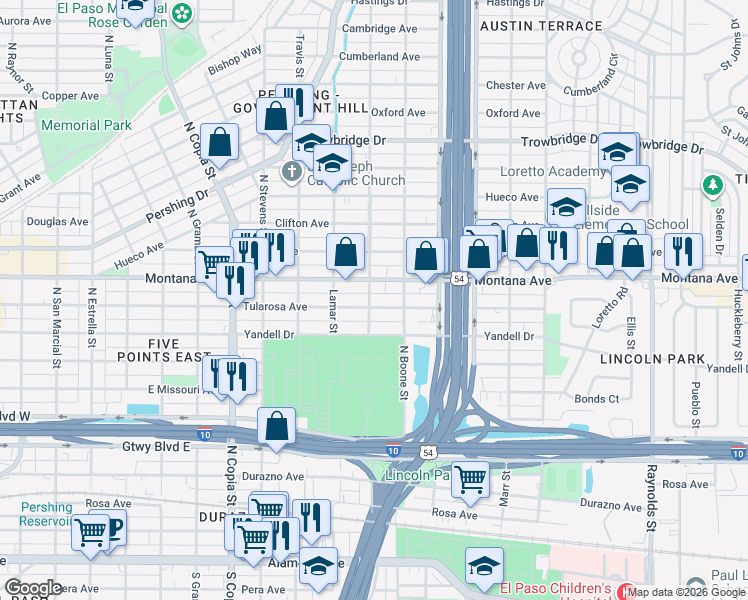 map of restaurants, bars, coffee shops, grocery stores, and more near 4000 Montana Avenue in El Paso