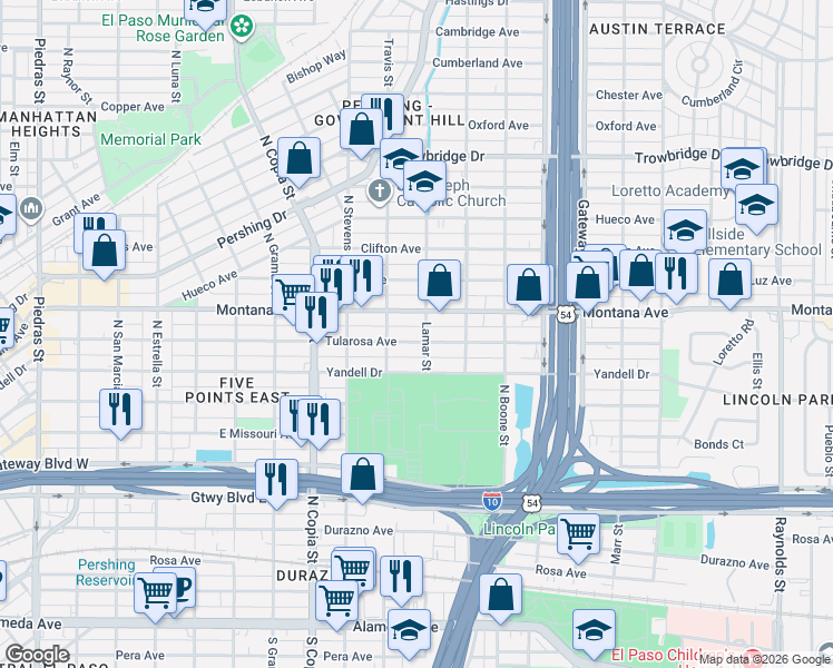 map of restaurants, bars, coffee shops, grocery stores, and more near 3808 Montana Avenue in El Paso