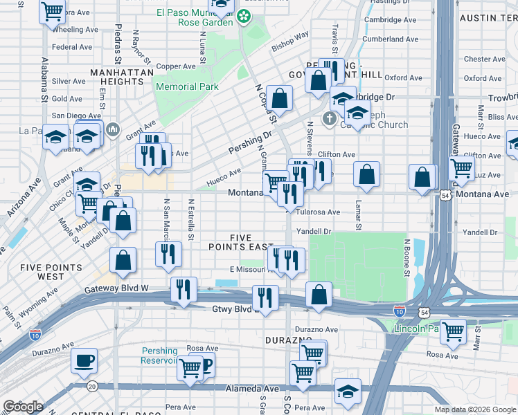 map of restaurants, bars, coffee shops, grocery stores, and more near 948 North Grama Street in El Paso