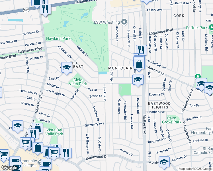 map of restaurants, bars, coffee shops, grocery stores, and more near 9313 Cosmos Avenue in El Paso