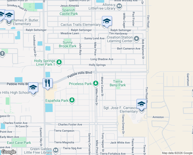 map of restaurants, bars, coffee shops, grocery stores, and more near Pebble Hills Boulevard in El Paso
