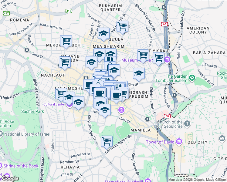 map of restaurants, bars, coffee shops, grocery stores, and more near HaRav Agan Street in Jerusalem