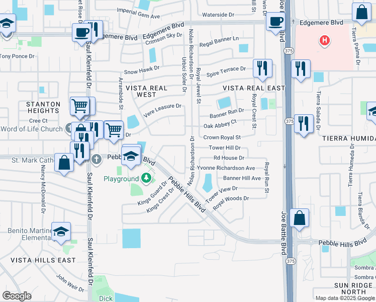 map of restaurants, bars, coffee shops, grocery stores, and more near 3042 Oak Crest Circle in El Paso