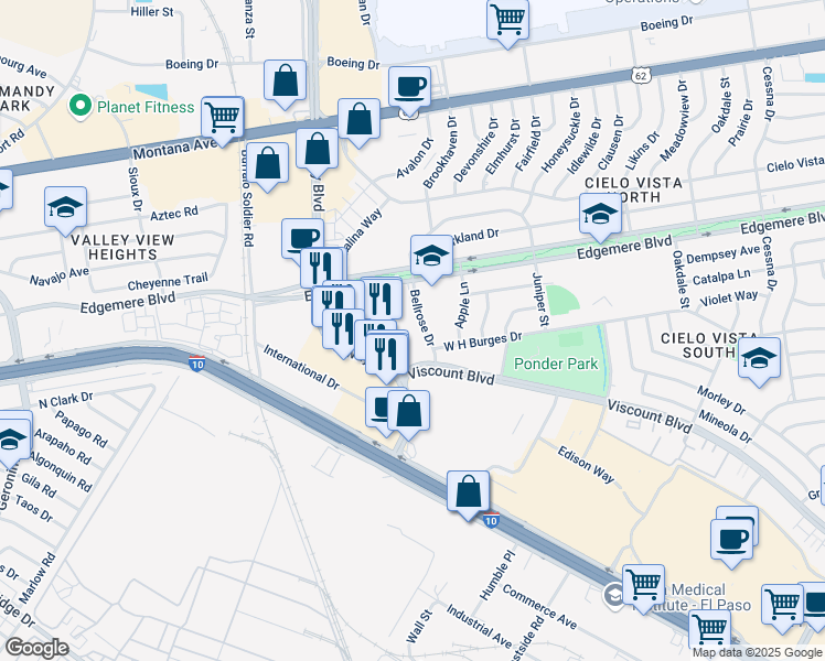 map of restaurants, bars, coffee shops, grocery stores, and more near 6813 Bellrose Drive in El Paso