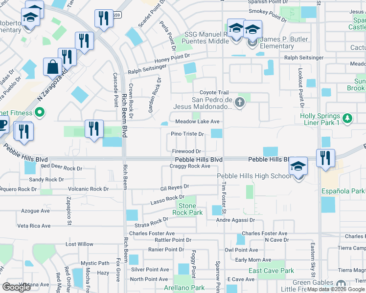map of restaurants, bars, coffee shops, grocery stores, and more near 2929 Pino Blanco Place in El Paso