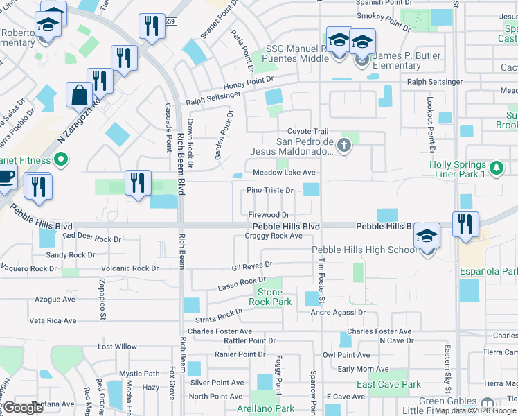 map of restaurants, bars, coffee shops, grocery stores, and more near 2929 Pino Blanco Place in El Paso
