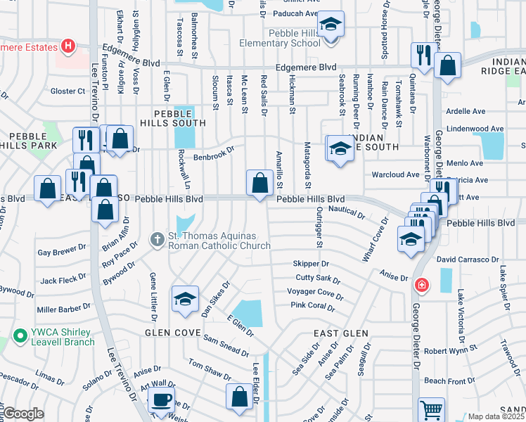 map of restaurants, bars, coffee shops, grocery stores, and more near 11101 Nautical Drive in El Paso