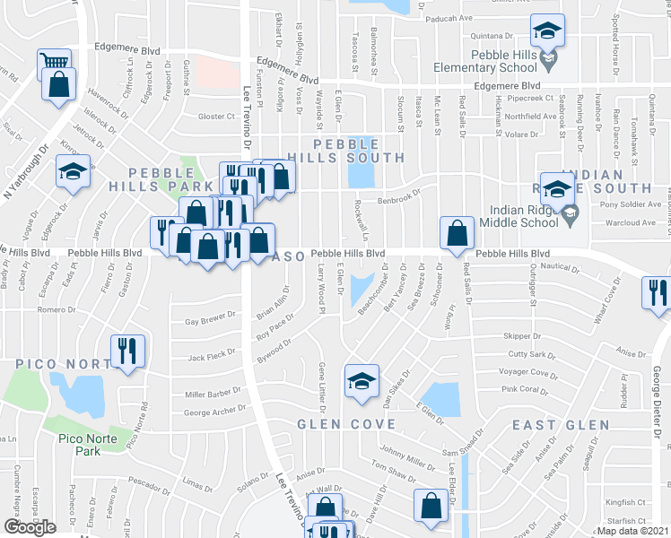 map of restaurants, bars, coffee shops, grocery stores, and more near 3028 East Glen Drive in El Paso