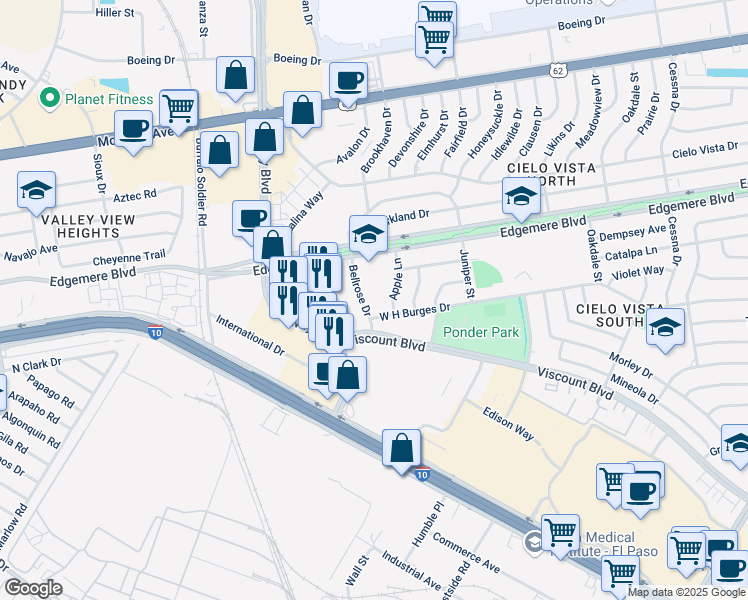 map of restaurants, bars, coffee shops, grocery stores, and more near 6808 Bellrose Drive in El Paso