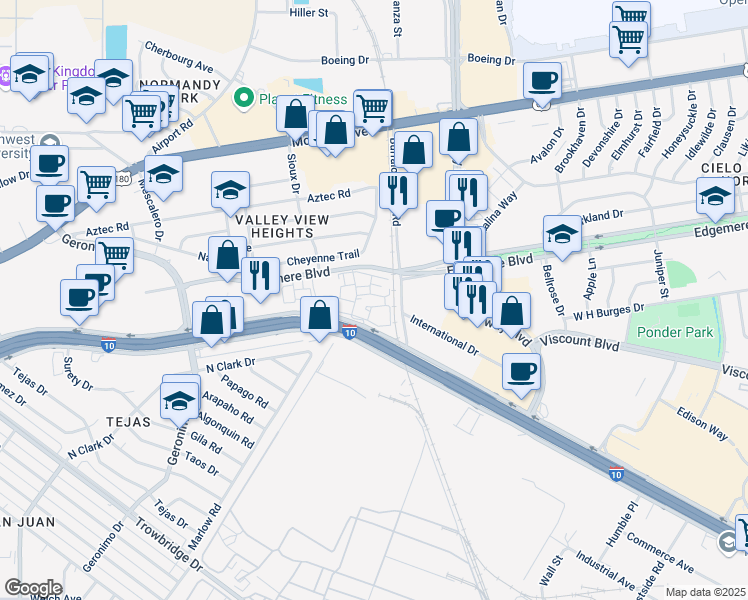 map of restaurants, bars, coffee shops, grocery stores, and more near 6412 Edgemere Boulevard in El Paso