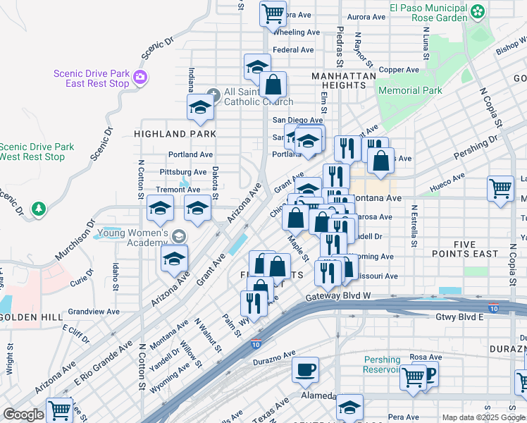 map of restaurants, bars, coffee shops, grocery stores, and more near 2704 Grant Avenue in El Paso
