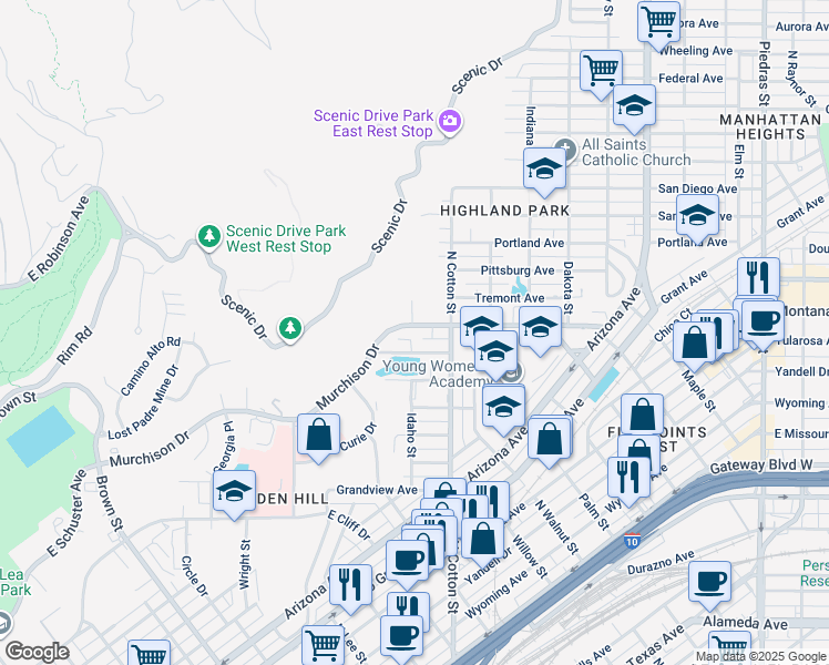map of restaurants, bars, coffee shops, grocery stores, and more near 1221 North Cotton Street in El Paso