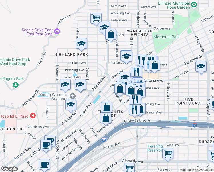 map of restaurants, bars, coffee shops, grocery stores, and more near 2704 Grant Avenue in El Paso