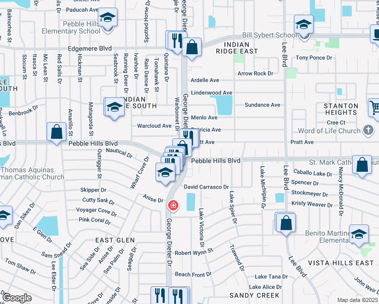 map of restaurants, bars, coffee shops, grocery stores, and more near 3030 George Dieter Drive in El Paso