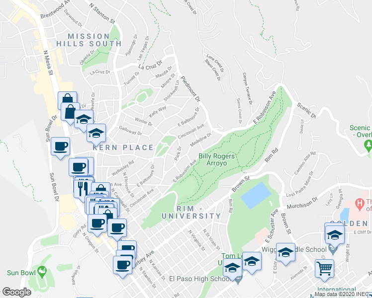map of restaurants, bars, coffee shops, grocery stores, and more near 1103 Madeline Drive in El Paso