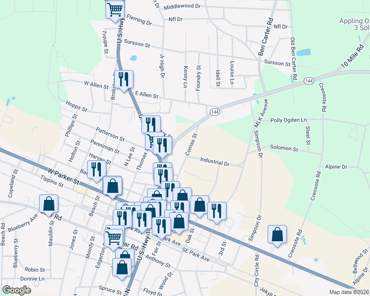 map of restaurants, bars, coffee shops, grocery stores, and more near 401-411 Comas Street in Baxley