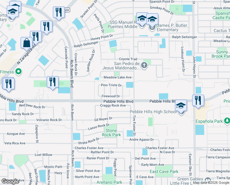 map of restaurants, bars, coffee shops, grocery stores, and more near 2917 Pino Alto Place in El Paso
