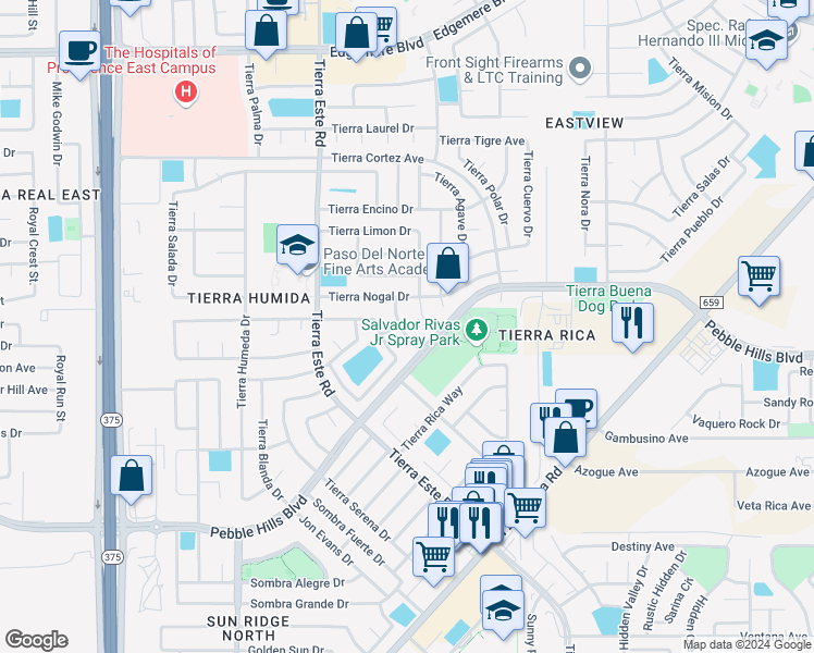 map of restaurants, bars, coffee shops, grocery stores, and more near 2424 Tierra Cafe Drive in El Paso