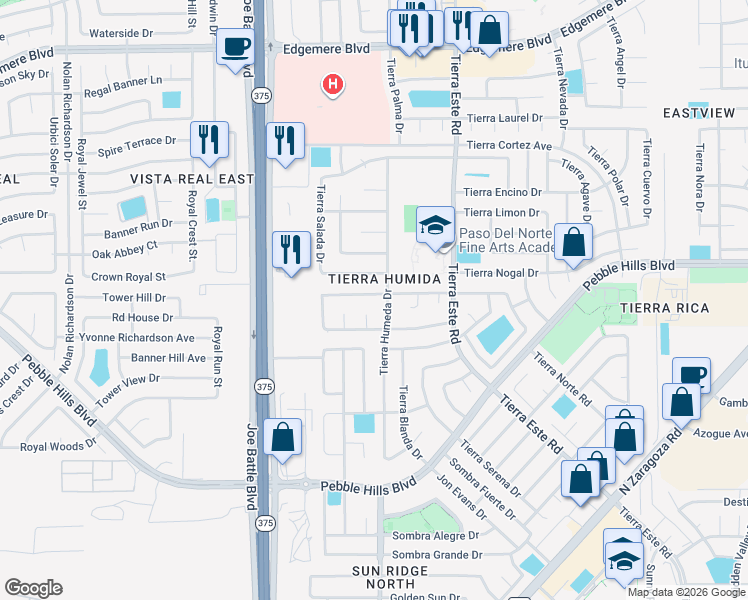 map of restaurants, bars, coffee shops, grocery stores, and more near 12295 Tierra Bella Drive in El Paso
