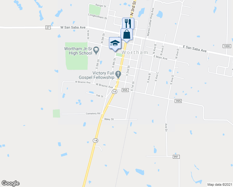 map of restaurants, bars, coffee shops, grocery stores, and more near 618 South 3rd Street in Wortham