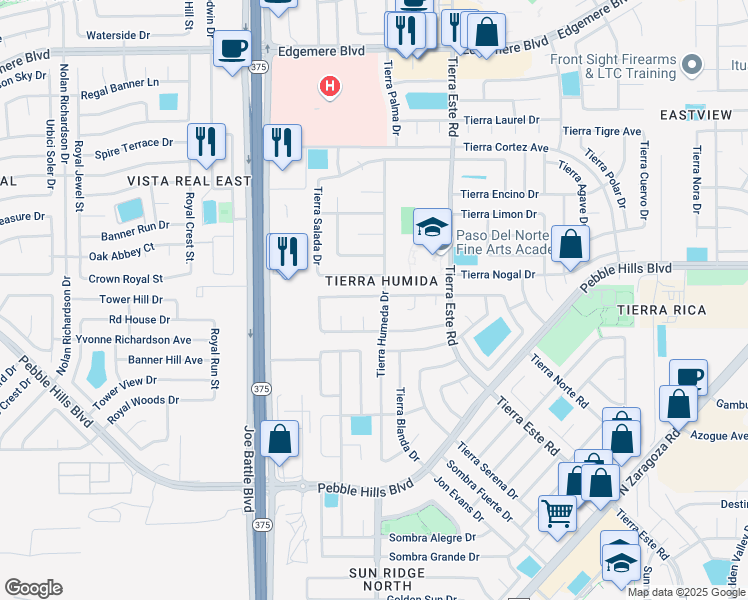 map of restaurants, bars, coffee shops, grocery stores, and more near 12290 Tierra Bella Drive in El Paso