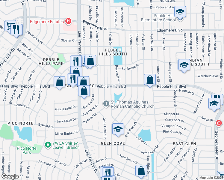 map of restaurants, bars, coffee shops, grocery stores, and more near 3028 East Glen Drive in El Paso