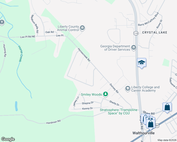 map of restaurants, bars, coffee shops, grocery stores, and more near 89 Myron Magnum Circle in Hinesville