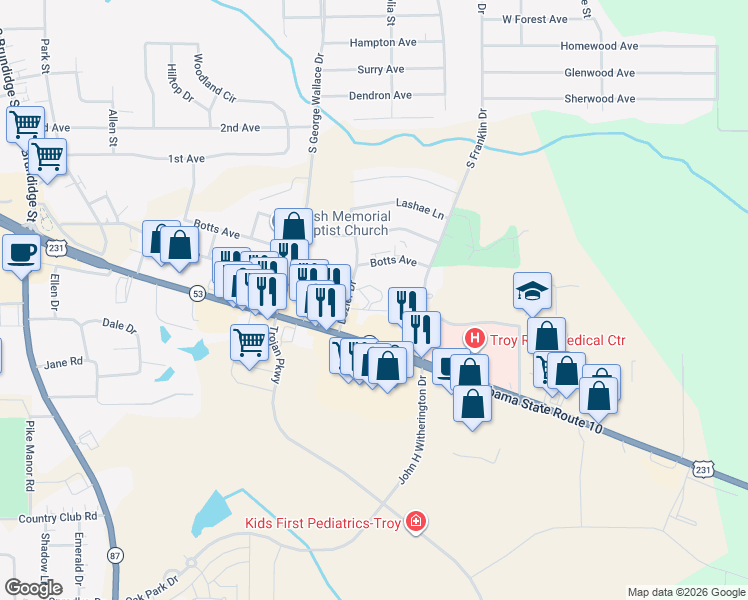 map of restaurants, bars, coffee shops, grocery stores, and more near 229 Dozier Drive in Troy