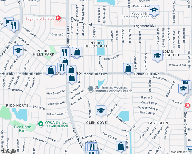 map of restaurants, bars, coffee shops, grocery stores, and more near 3028 East Glen Drive in El Paso