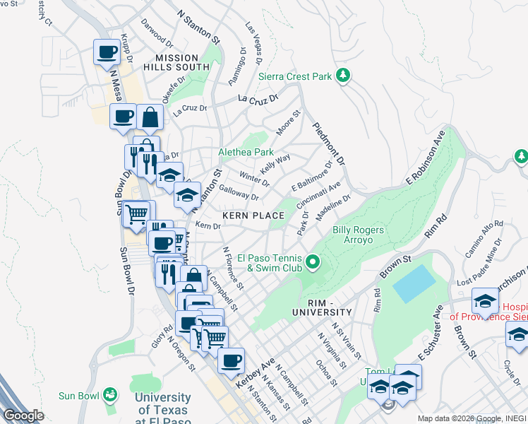 map of restaurants, bars, coffee shops, grocery stores, and more near 925 McKelligon Drive in El Paso