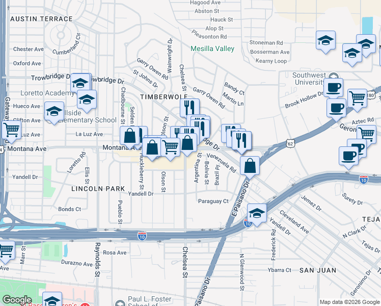 map of restaurants, bars, coffee shops, grocery stores, and more near 5400 Montana Avenue in El Paso