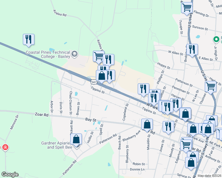 map of restaurants, bars, coffee shops, grocery stores, and more near 964 West Parker Street in Baxley