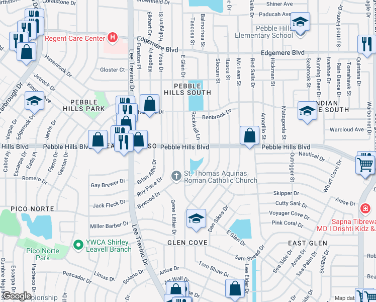 map of restaurants, bars, coffee shops, grocery stores, and more near 3022 East Glen Drive in El Paso