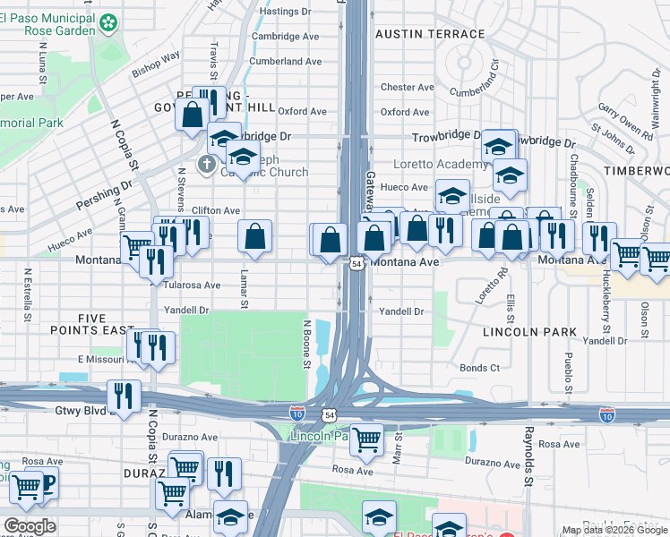 map of restaurants, bars, coffee shops, grocery stores, and more near 4136 Montana Avenue in El Paso