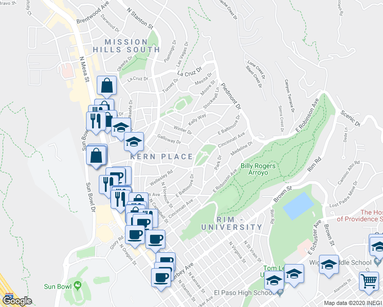map of restaurants, bars, coffee shops, grocery stores, and more near 925 McKelligon Drive in El Paso