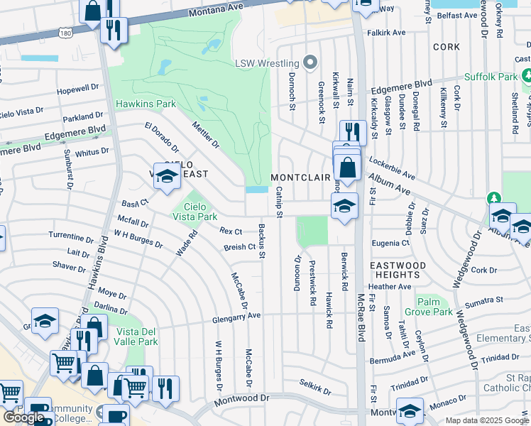 map of restaurants, bars, coffee shops, grocery stores, and more near 9313 Cosmos Avenue in El Paso