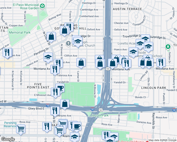 map of restaurants, bars, coffee shops, grocery stores, and more near 4000 Montana Avenue in El Paso
