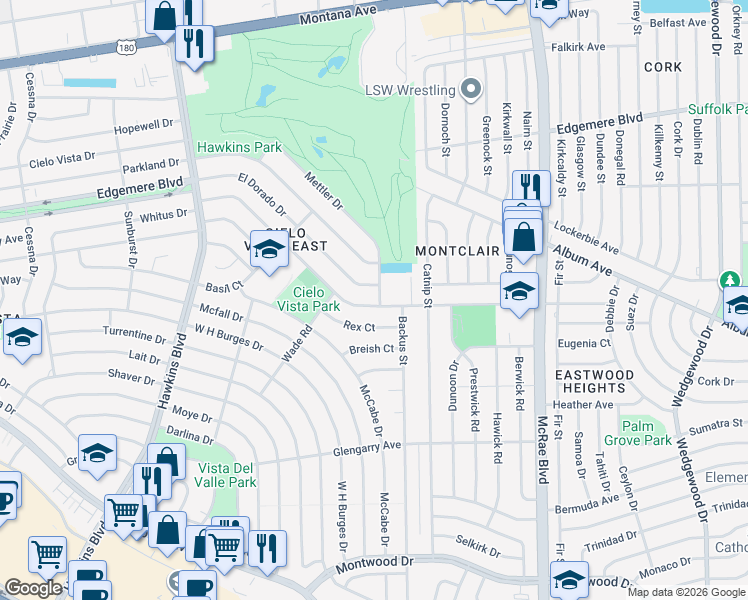 map of restaurants, bars, coffee shops, grocery stores, and more near 9213 Cosmos Avenue in El Paso