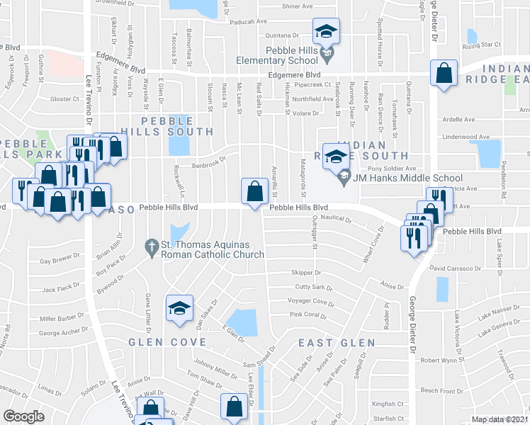 map of restaurants, bars, coffee shops, grocery stores, and more near 11101 Nautical Drive in El Paso