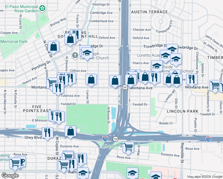 map of restaurants, bars, coffee shops, grocery stores, and more near 4108 Montana Avenue in El Paso