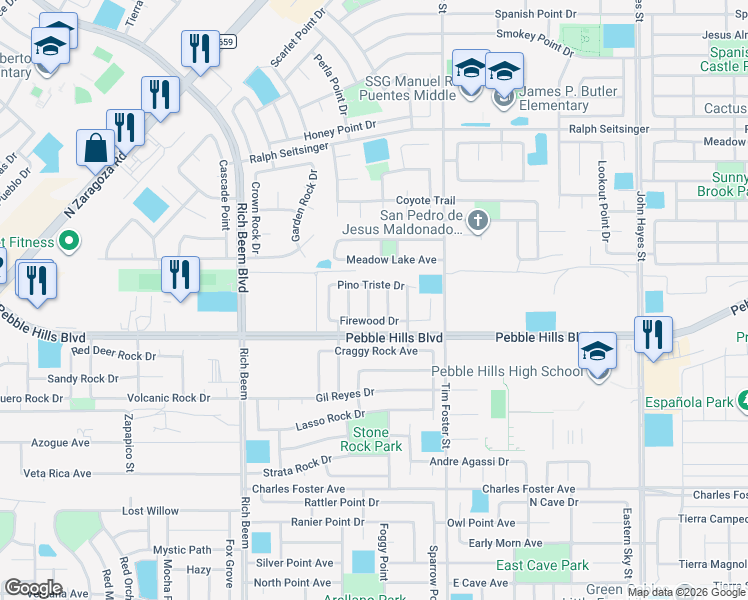 map of restaurants, bars, coffee shops, grocery stores, and more near 2929 Pino Blanco Place in El Paso