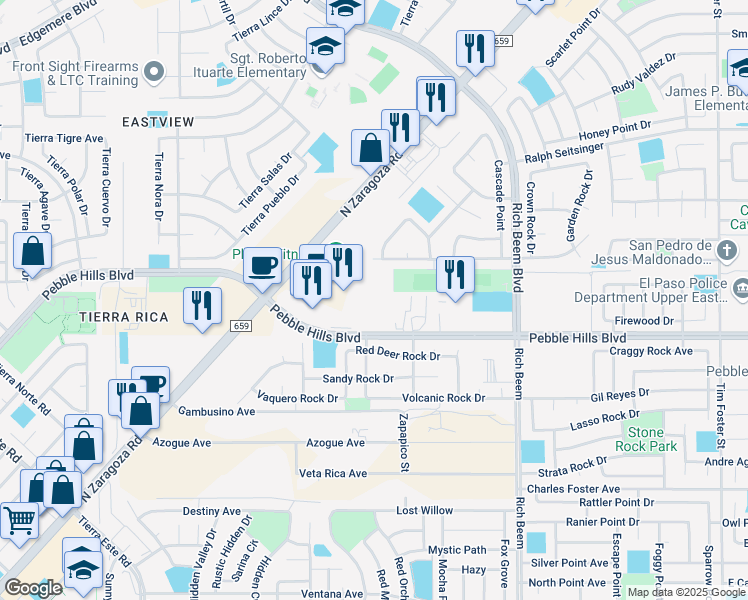 map of restaurants, bars, coffee shops, grocery stores, and more near 3150 North Zaragoza Road in El Paso