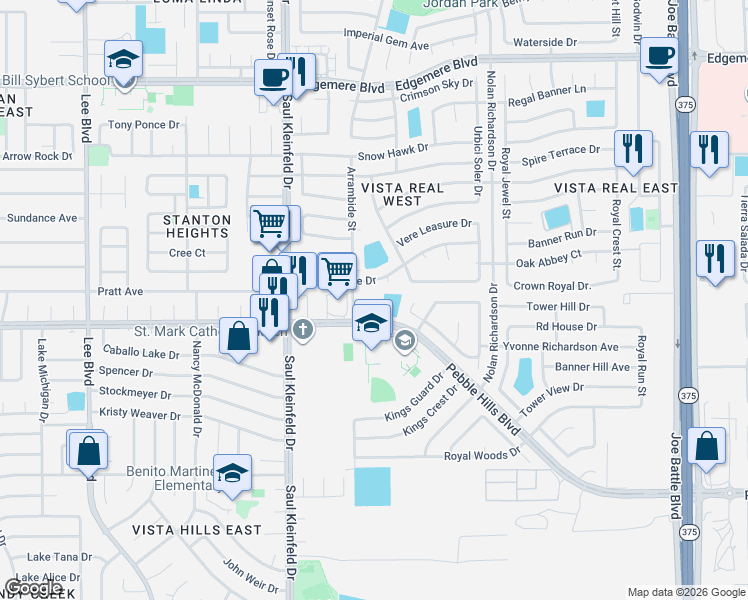map of restaurants, bars, coffee shops, grocery stores, and more near 11813 Kings Arms Court in El Paso