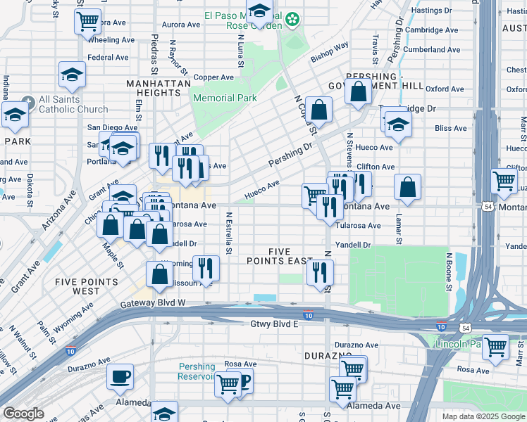 map of restaurants, bars, coffee shops, grocery stores, and more near 3306 Montana Avenue in El Paso
