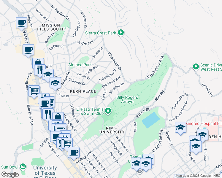 map of restaurants, bars, coffee shops, grocery stores, and more near 1022 Park Road in El Paso