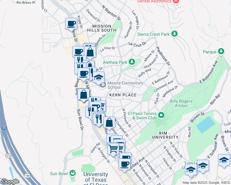 map of restaurants, bars, coffee shops, grocery stores, and more near 723 McKelligon Drive in El Paso