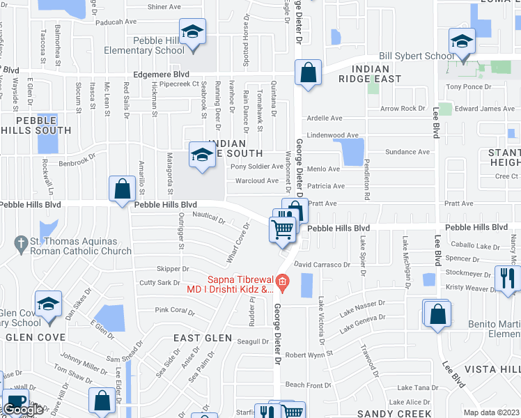 map of restaurants, bars, coffee shops, grocery stores, and more near 11275 Pebble Hills Boulevard in El Paso