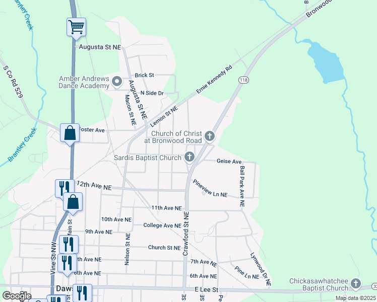 map of restaurants, bars, coffee shops, grocery stores, and more near 910 Summitt Drive Northeast in Dawson