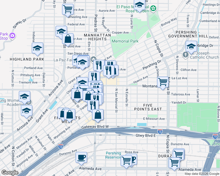 map of restaurants, bars, coffee shops, grocery stores, and more near 910 North Raynor Street in El Paso